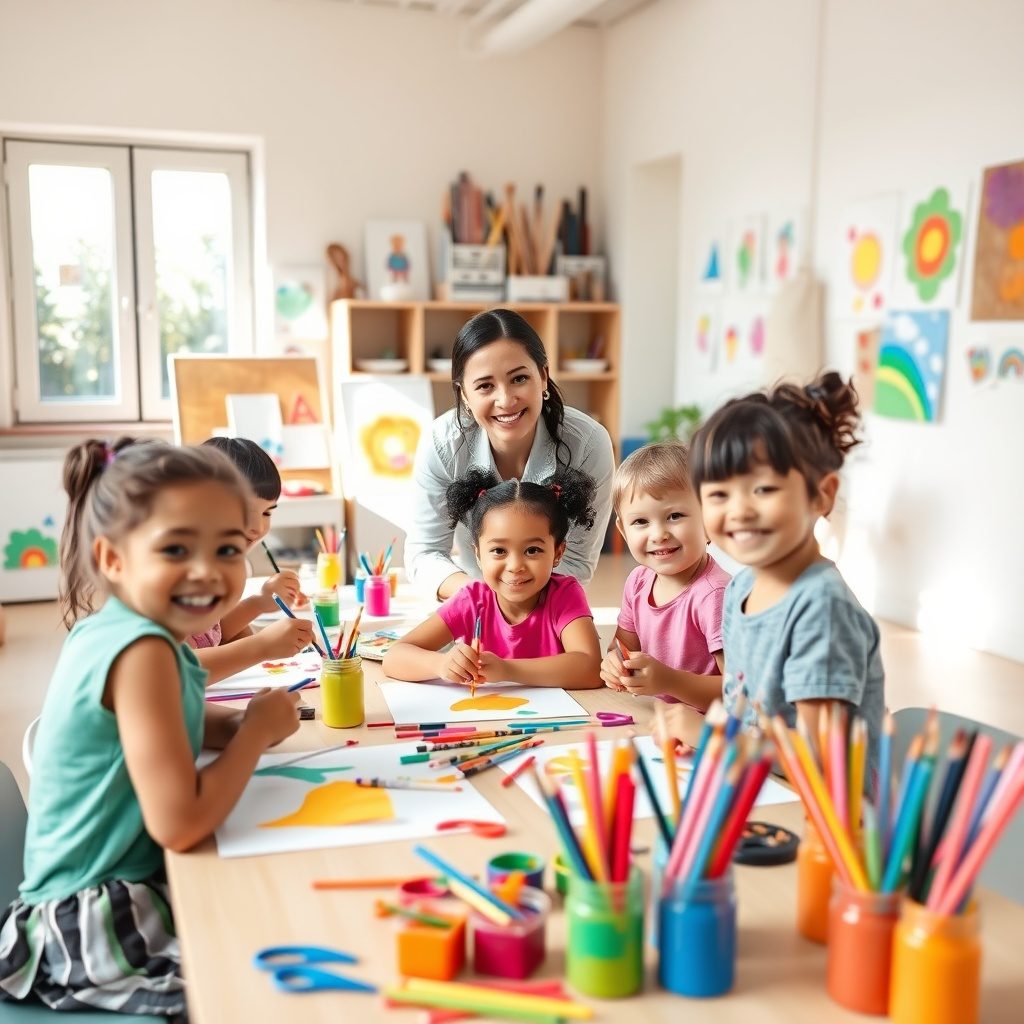 Kids creating art in a mixed media class